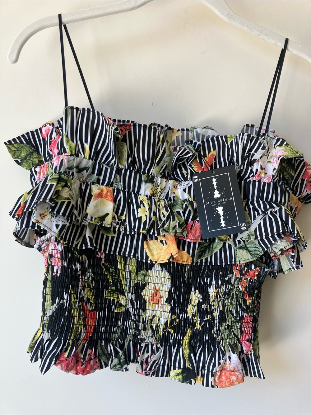 LUXXEL Lulu Smocked Black/White Striped Floral Ruffle Off Shoulder Top Sz S NWT